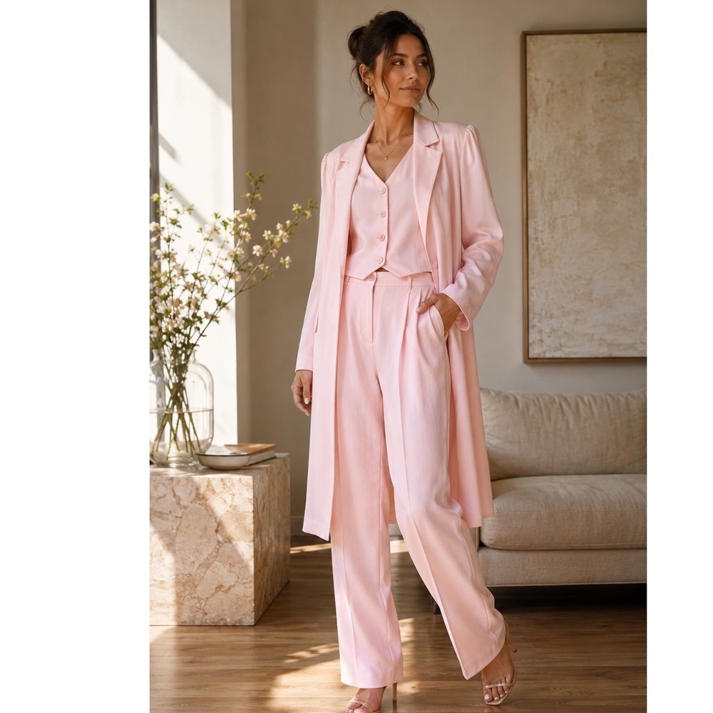 Ben Marc Pink 3 Piece Suit Set Long Duster Blazer Vest and pants Sz 24